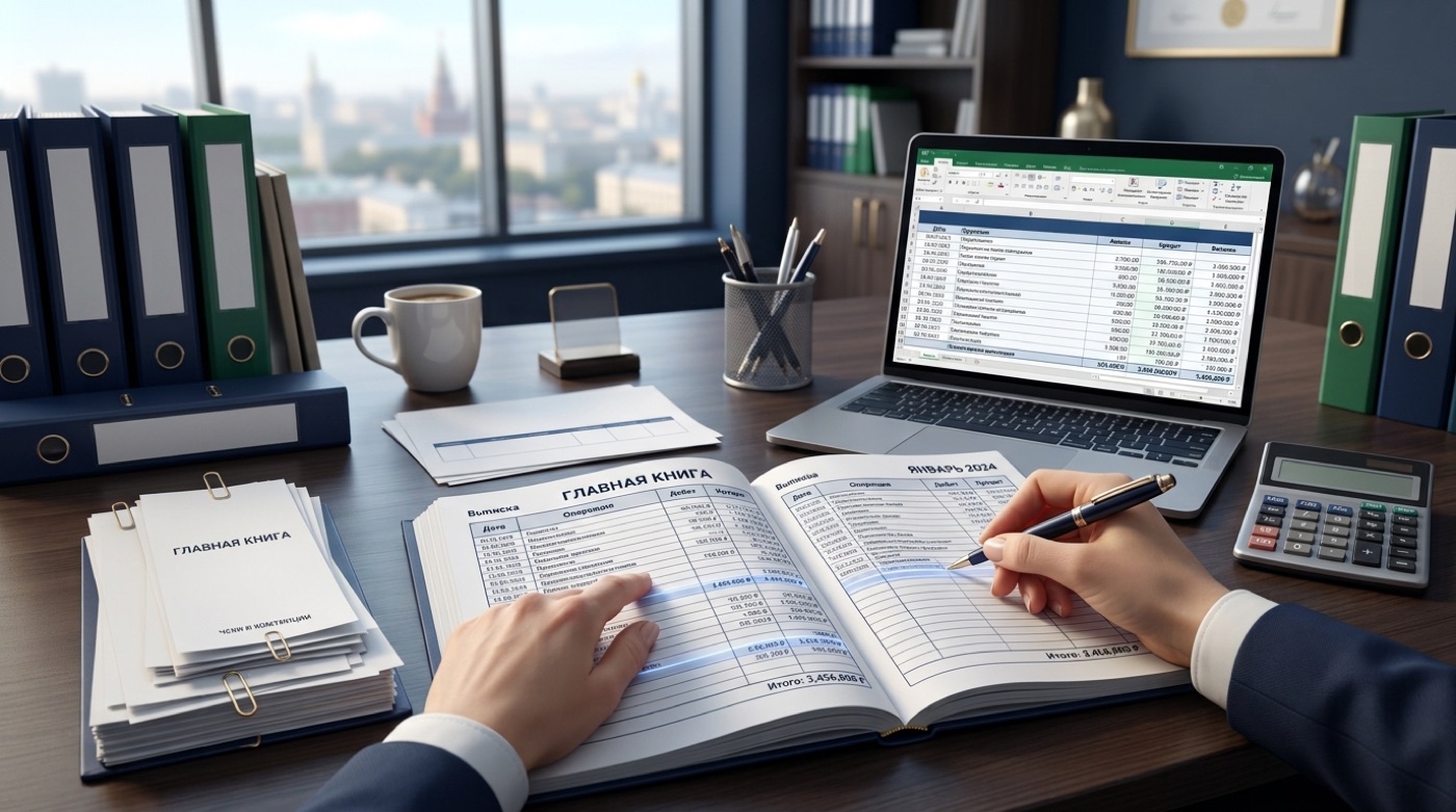 Бухгалтерская главная книга, ноутбук с таблицами и калькулятор на столе